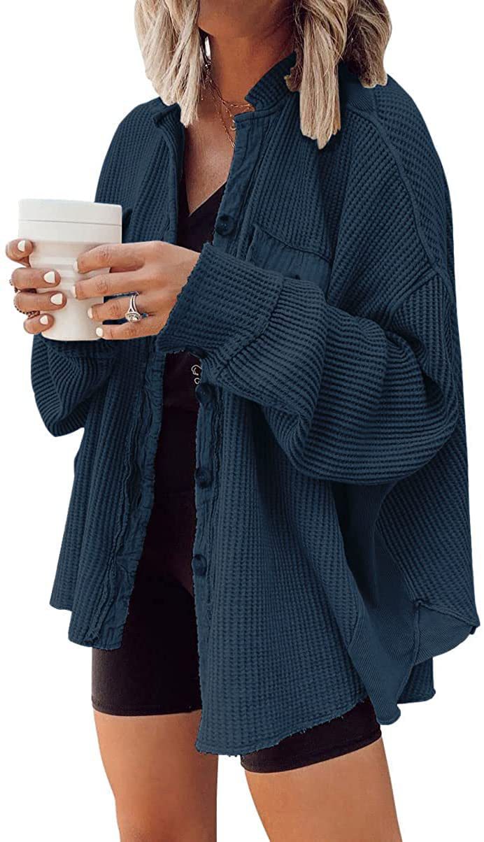 Women Button Shirt Jacke Damen Revers Langarm Bluse Mode Jacke Tops