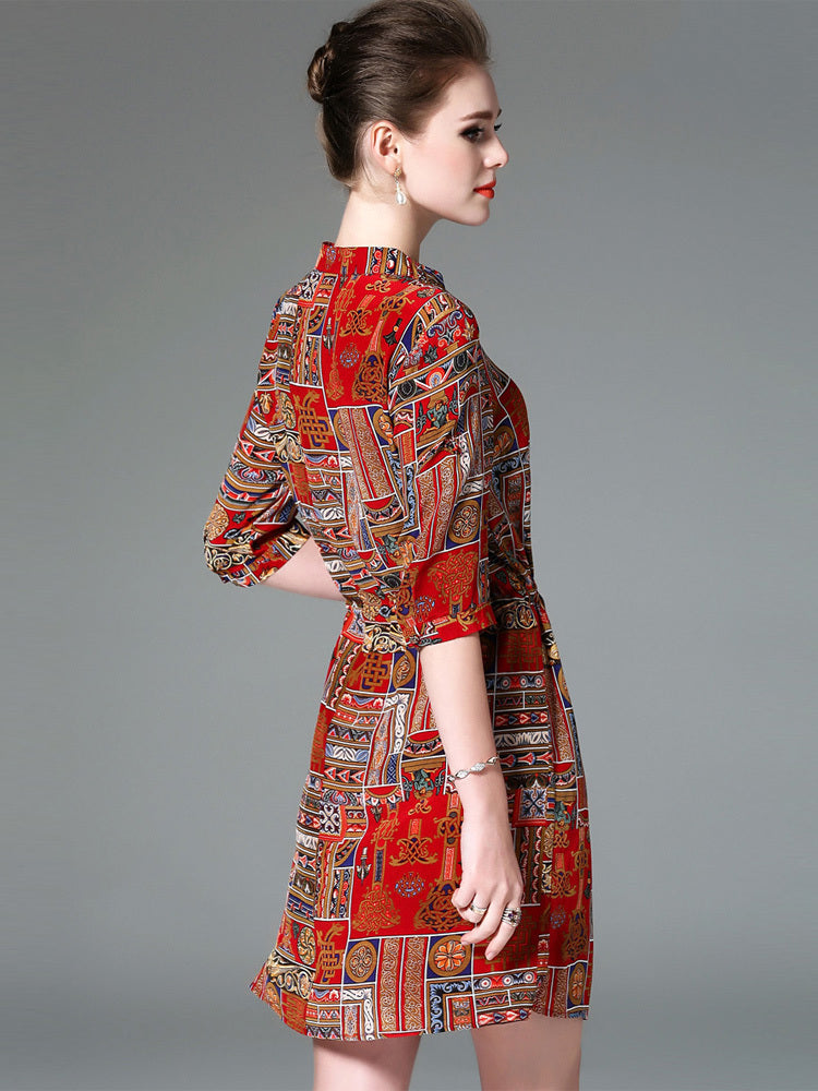 Damen-Hemdkleid mit Vintage-Print und Nähten