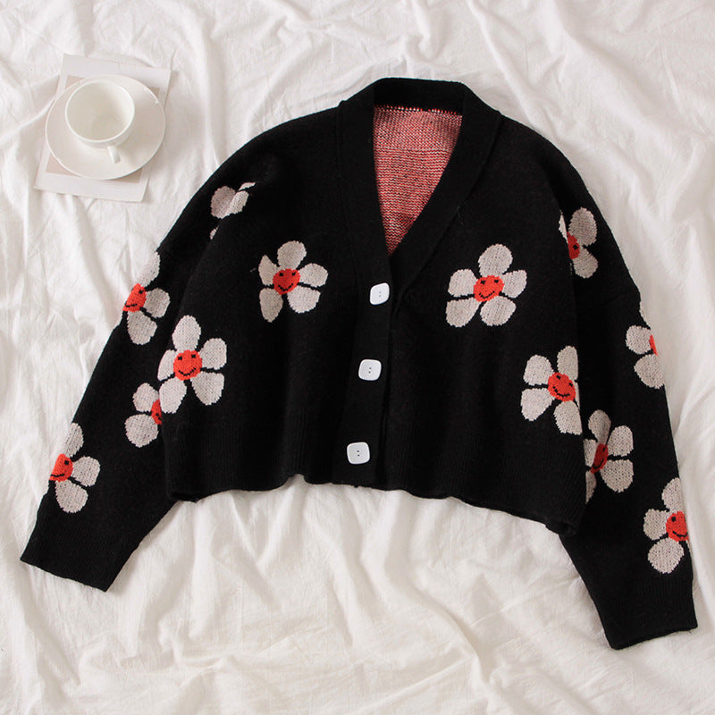 Damen-Cardigan aus floralem Jacquard mit V-Ausschnitt, kurz