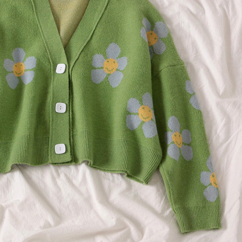 Damen-Cardigan aus floralem Jacquard mit V-Ausschnitt, kurz