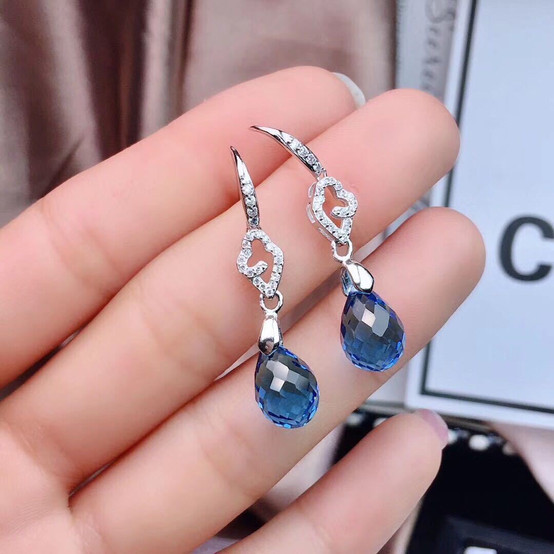 Damen Blauer Topas Ohrringe Kristall Schlicht Sterling Silber eingelegt