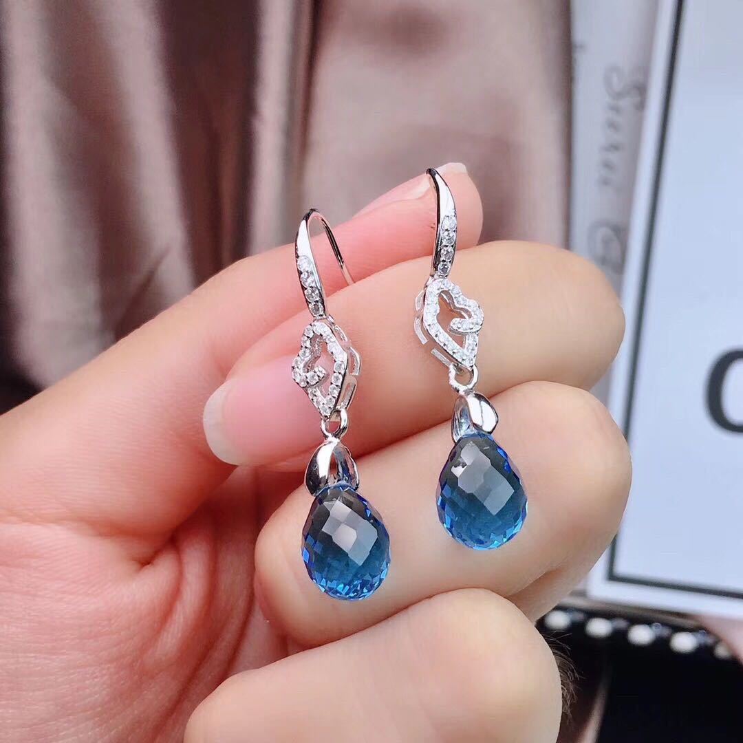Damen Blauer Topas Ohrringe Kristall Schlicht Sterling Silber eingelegt