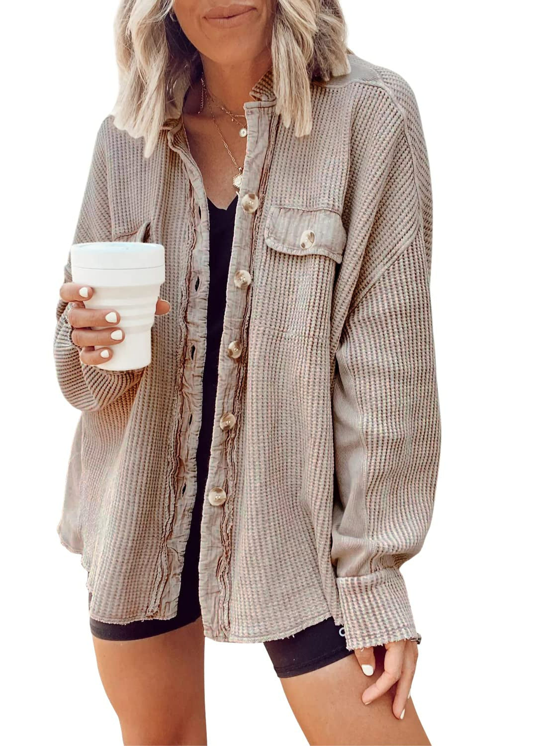 Women Button Shirt Jacke Damen Revers Langarm Bluse Mode Jacke Tops