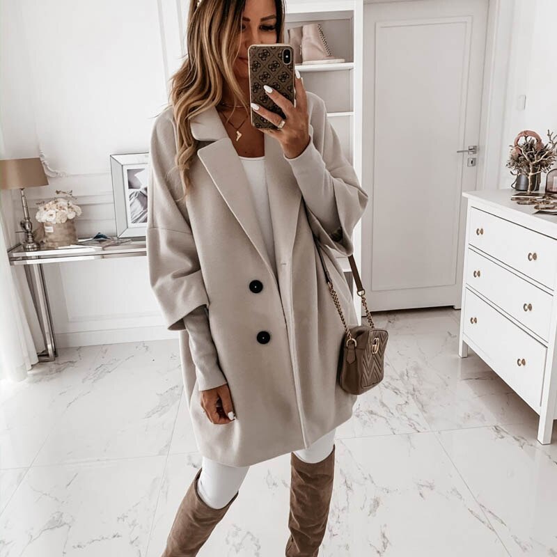 Damen Mäntel 2XL Plus Lang Wolle Größe Warm Elegant Vintage Damen Mantel Khaki Jacke