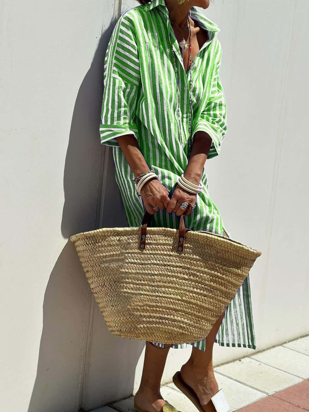 Women's Striped Shirt Dress With Belt Fashion Half-sleeved Lapel Button Cardigan Dresses