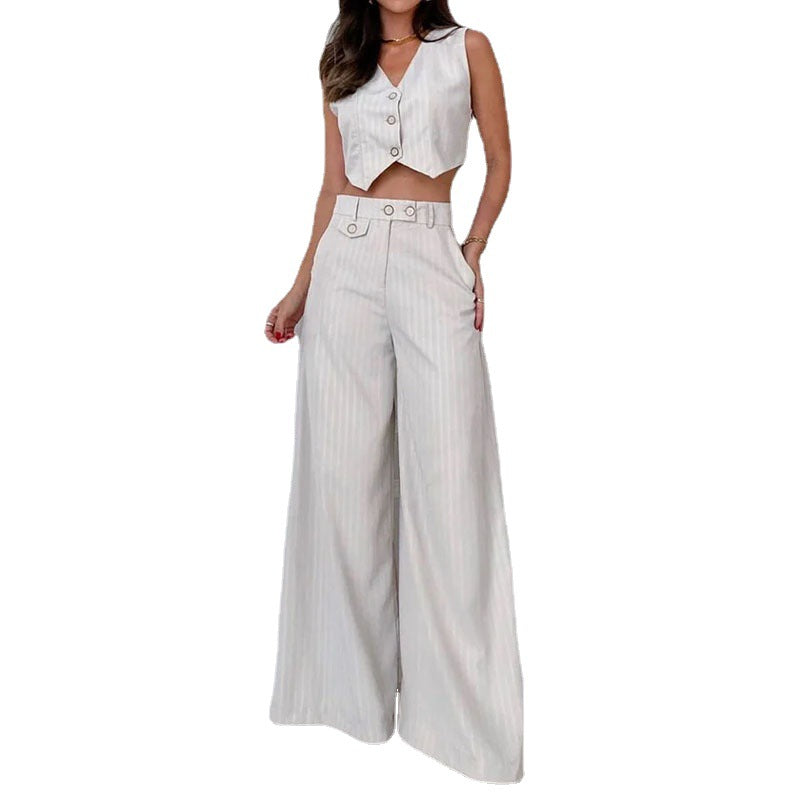 Damen V-Ausschnitt gestreifte Hose mit hoher Taille mit weitem Bein