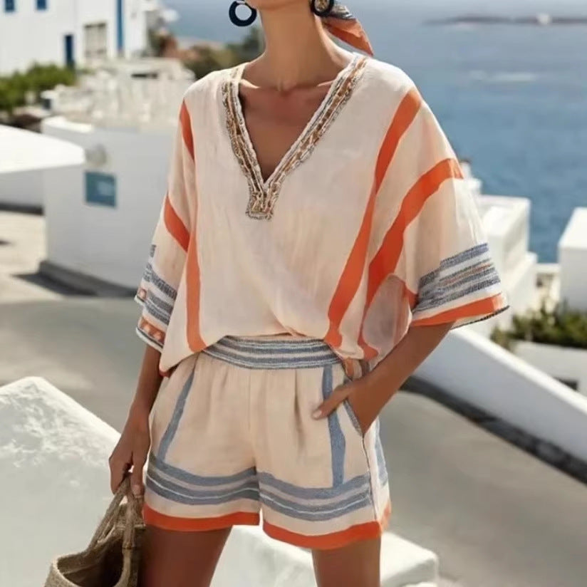 Streifen-Print-Set mit V-Ausschnitt, bestehend aus Top und Shorts für Damen