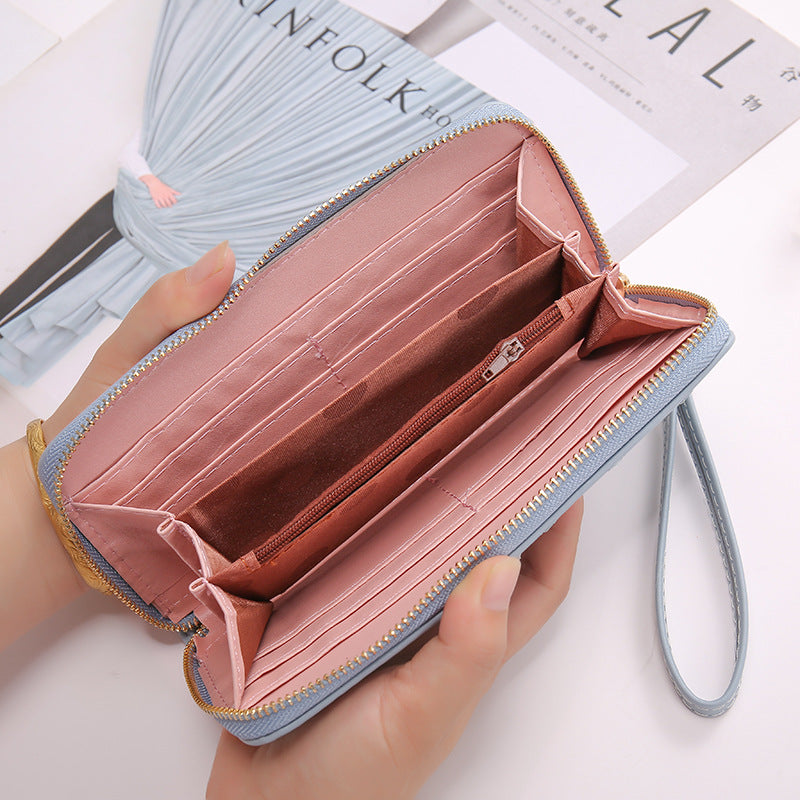 Women Long Crown Embroidery Thread Single Zip Clutch Wallet