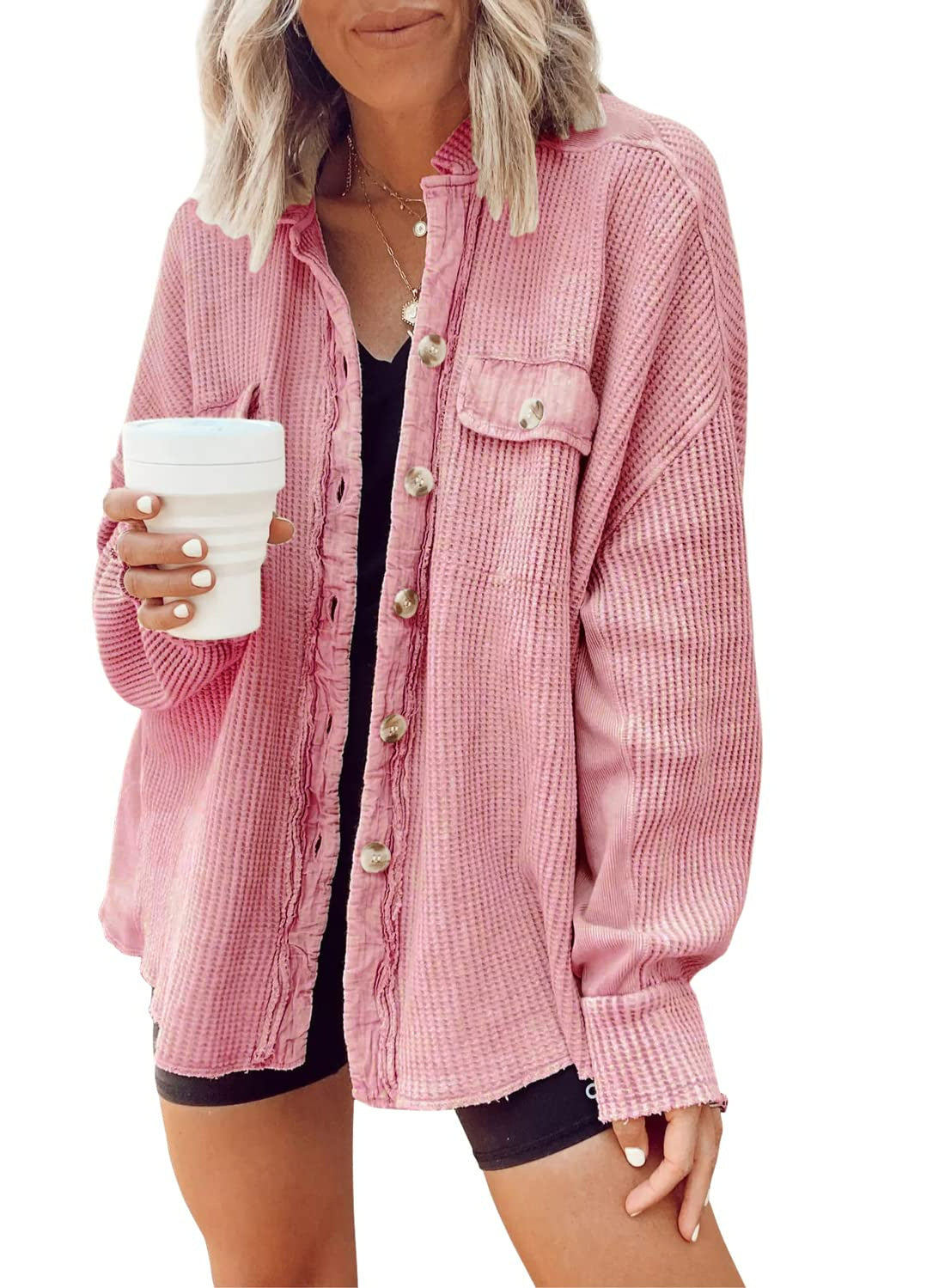 Women Button Shirt Jacke Damen Revers Langarm Bluse Mode Jacke Tops