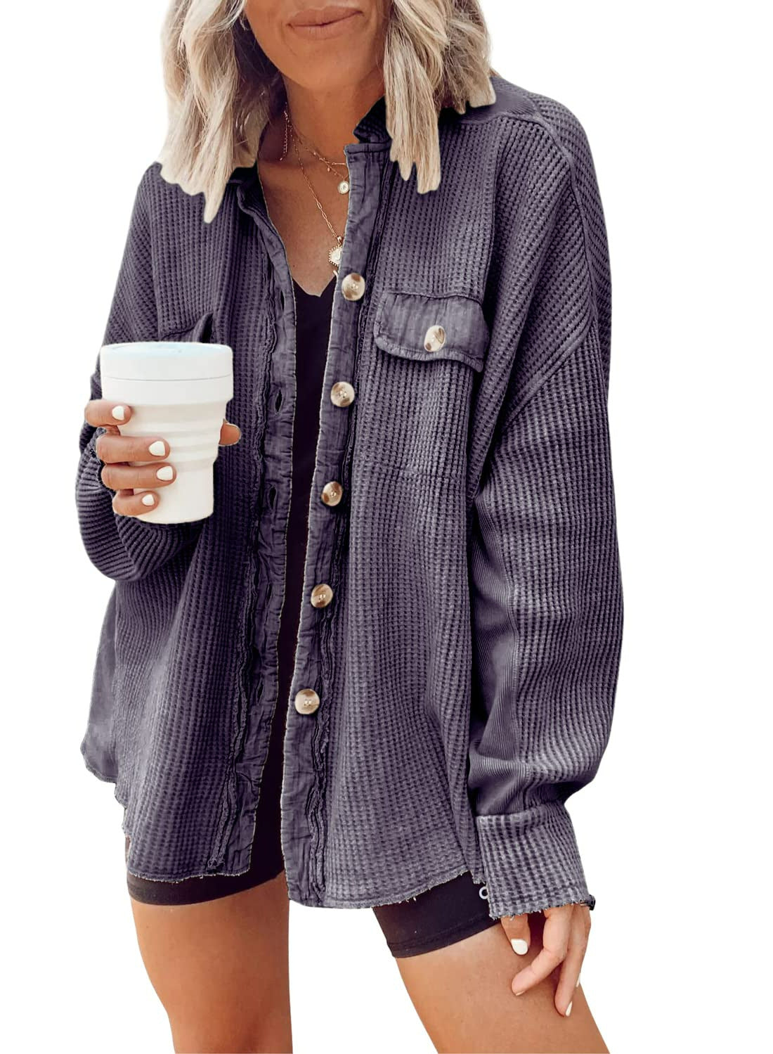 Women Button Shirt Jacke Damen Revers Langarm Bluse Mode Jacke Tops