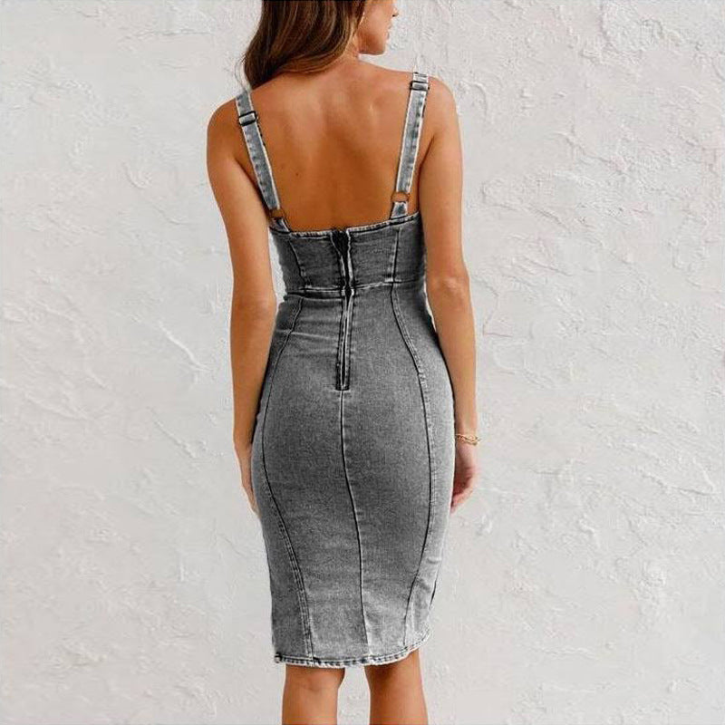 Frauen Neue U-ausschnitt Hosenträger Denim Kleid Sommer Casual Enge Slim Fit Kleider Mit Schlitz Design Frauen Kleidung