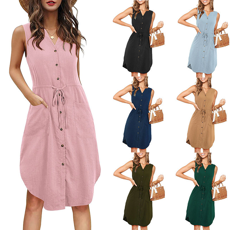Frauen Ärmelloses Kleid mit V-Ausschnitt und Knöpfen und Taschen, modisches, lässiges Taillen-Krawatten-Design, Sommerkleid, Damenbekleidung