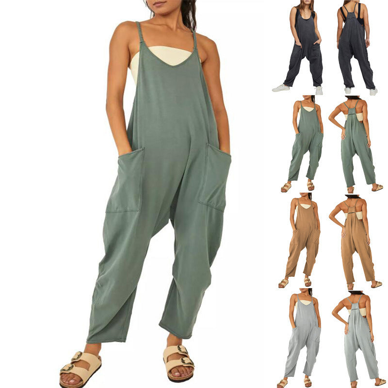 Frauen Overall Sommer frauen Lose Ärmellose Overalls Spaghetti Strap Lange Hose Strampler Overall Mit Taschen Zipper