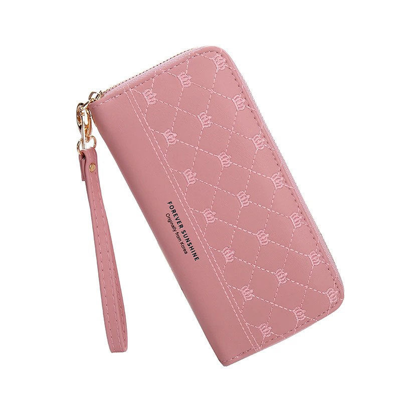 Women Long Crown Embroidery Thread Single Zip Clutch Wallet