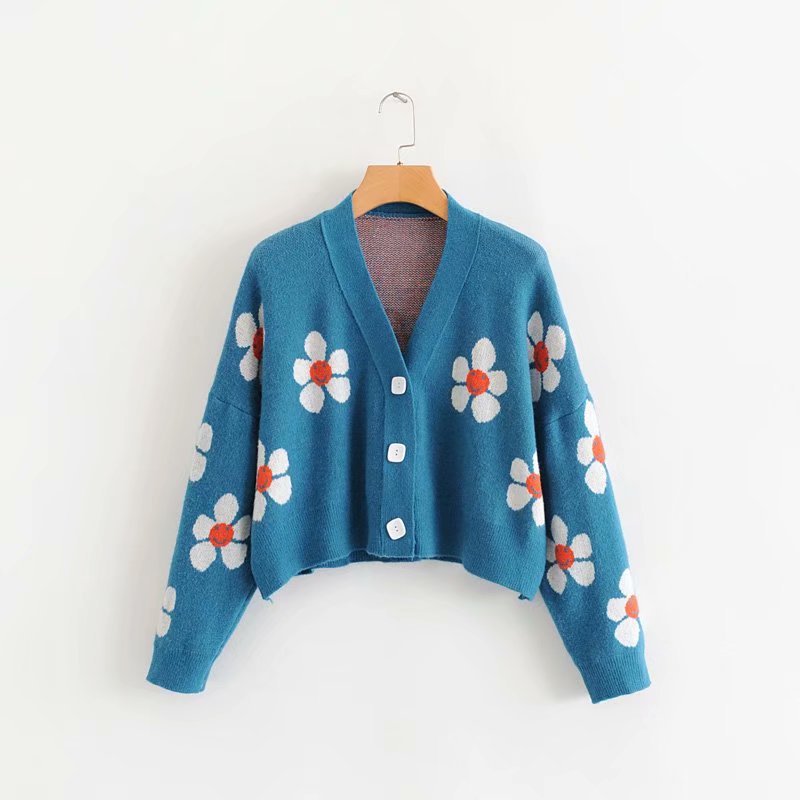 Damen-Cardigan aus floralem Jacquard mit V-Ausschnitt, kurz