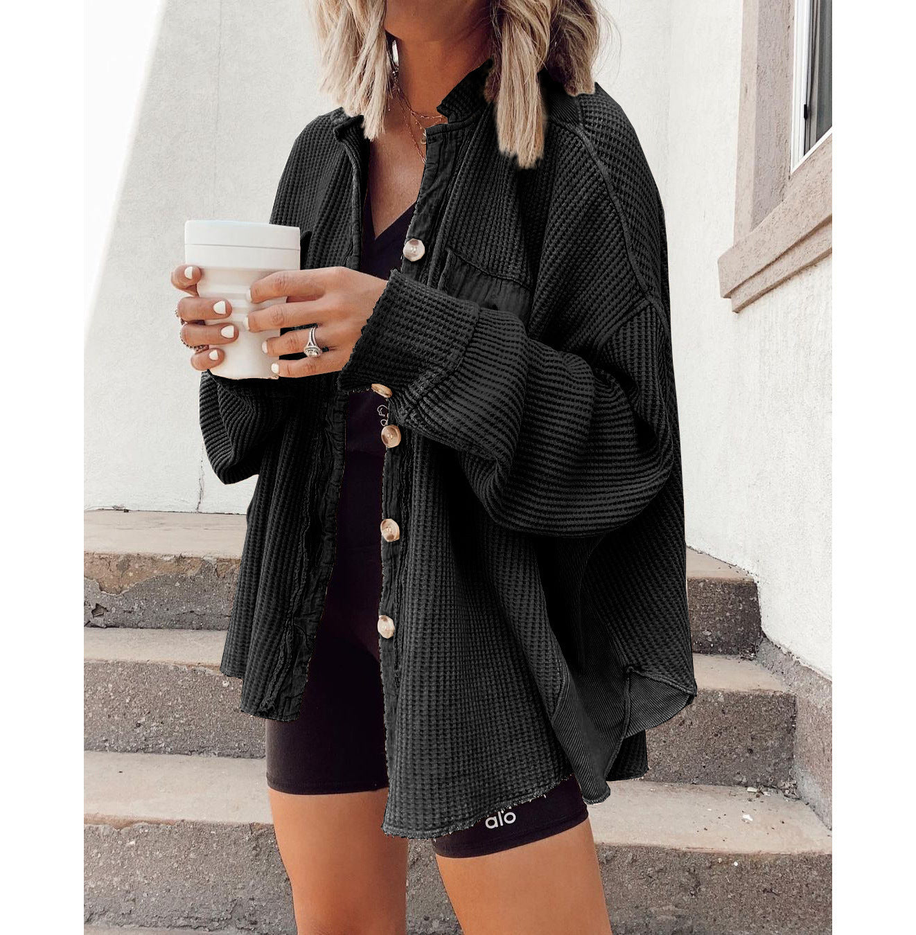 Women Button Shirt Jacke Damen Revers Langarm Bluse Mode Jacke Tops