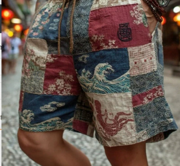 Baumwolle, Leinenshorts für Herren im Ethno-Patchwork-Stil