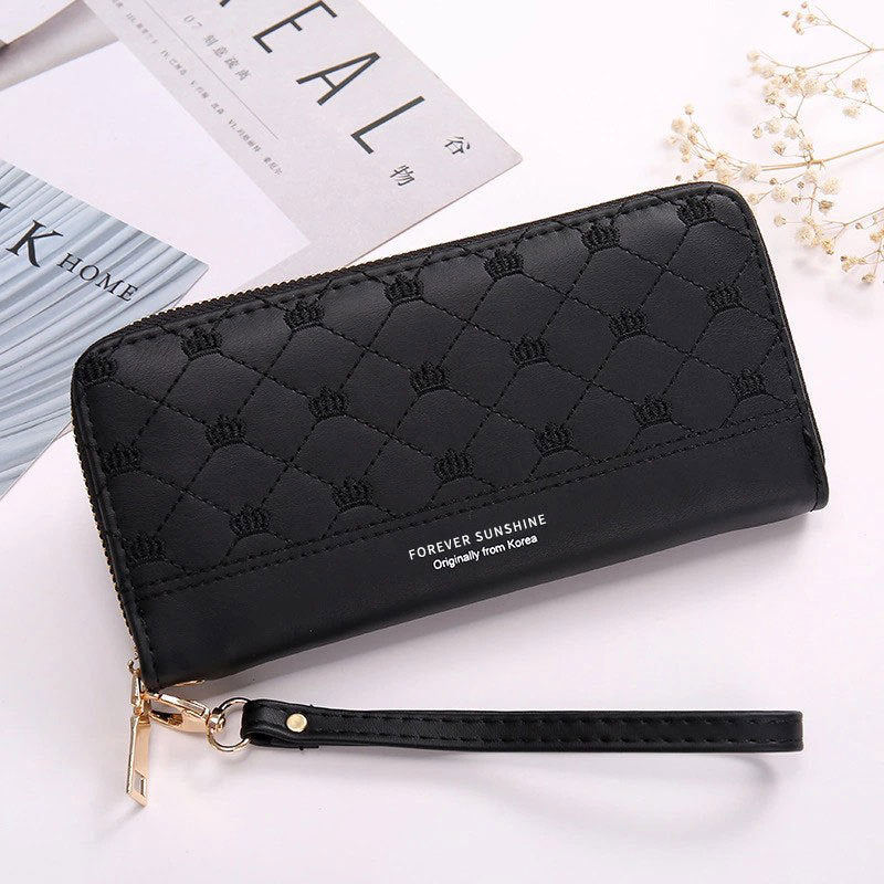 Women Long Crown Embroidery Thread Single Zip Clutch Wallet