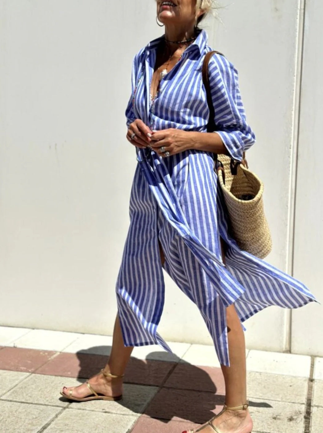 Women's Striped Shirt Dress With Belt Fashion Half-sleeved Lapel Button Cardigan Dresses