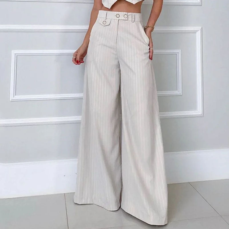 Damen V-Ausschnitt gestreifte Hose mit hoher Taille mit weitem Bein
