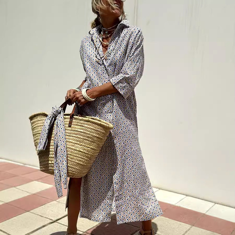 Women's Striped Shirt Dress With Belt Fashion Half-sleeved Lapel Button Cardigan Dresses