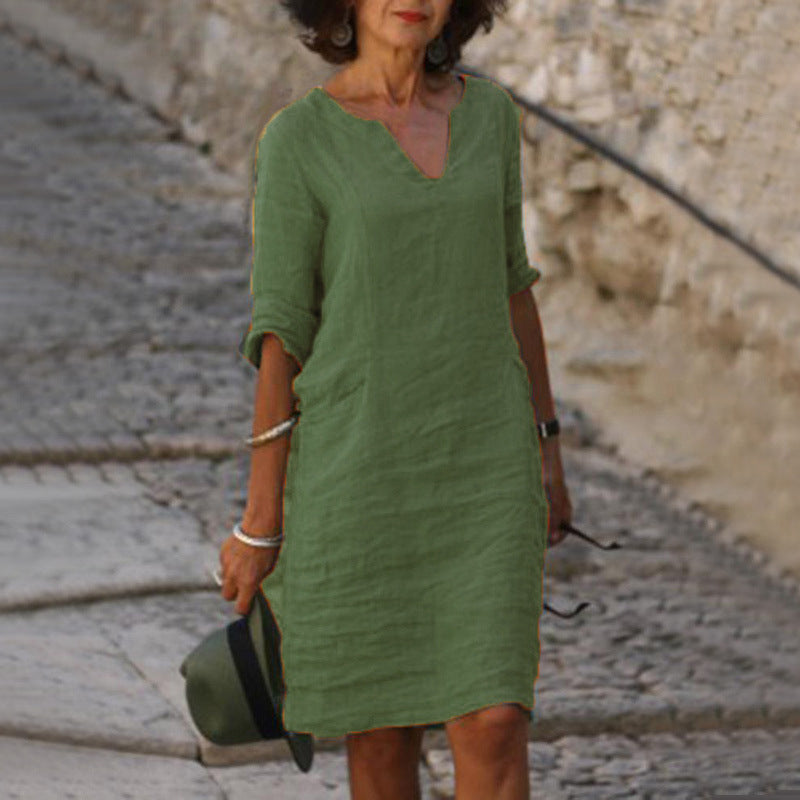 Damen Kleid aus Baumwolle und Leinen mit V-Ausschnitt und hoher Taille, Retro-Stil, reine Farbe, 34 Ärmel