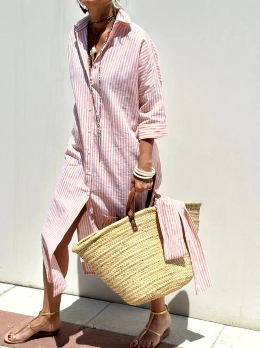Women's Striped Shirt Dress With Belt Fashion Half-sleeved Lapel Button Cardigan Dresses
