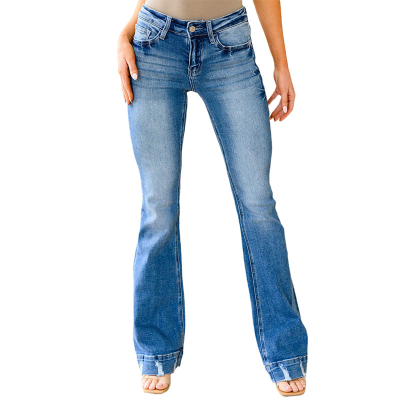 Damen-Jeans mit hoher Taille, helle Farbe, lässige, einfache Bell-Bottom-Hose für Damen