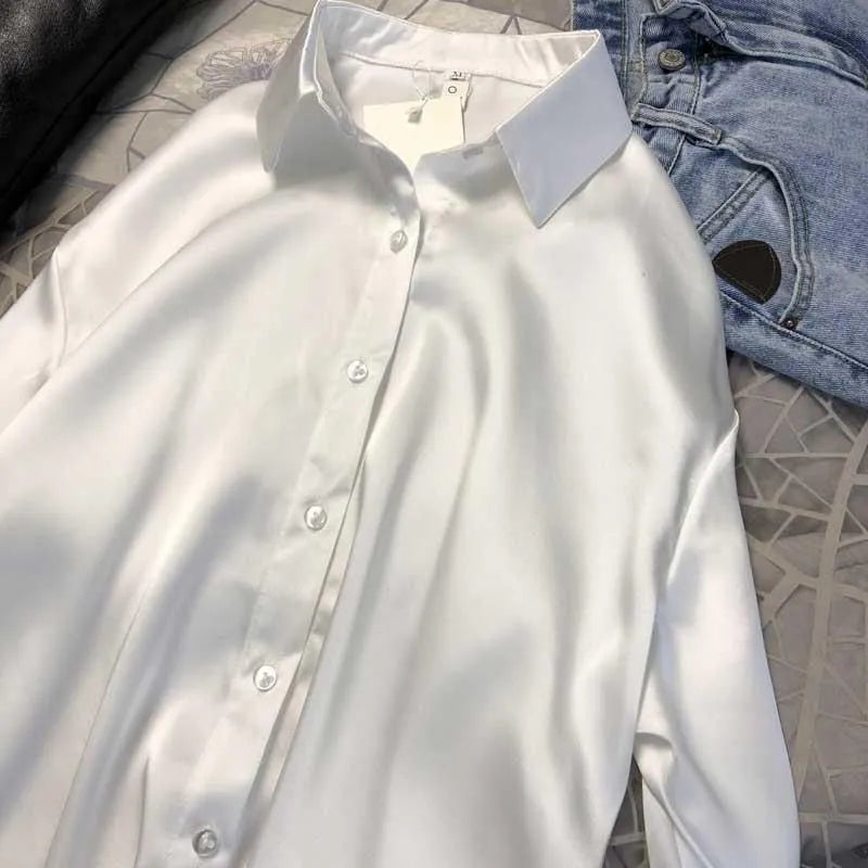 Frauen Frühling Herbst Mode Button Up Satin Seide Hemd Vintage Bluse Frauen Weiß Damen Tops Lange Ärmel Weibliche Lose Straße shirts