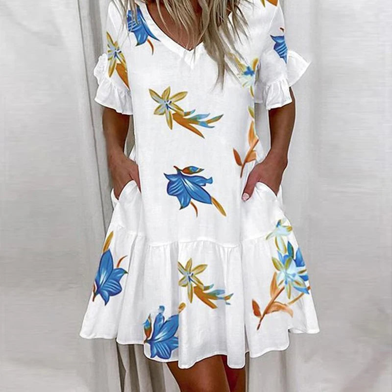 Frauen Casual Rüschen Lose V-ausschnitt Kleid Frauen Sommer Kurzarm Floral Drucken Frau Kleid 2024 Mode Weiß Strand Kleider