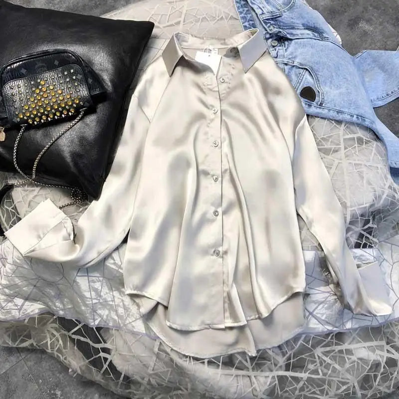Frauen Frühling Herbst Mode Button Up Satin Seide Hemd Vintage Bluse Frauen Weiß Damen Tops Lange Ärmel Weibliche Lose Straße shirts
