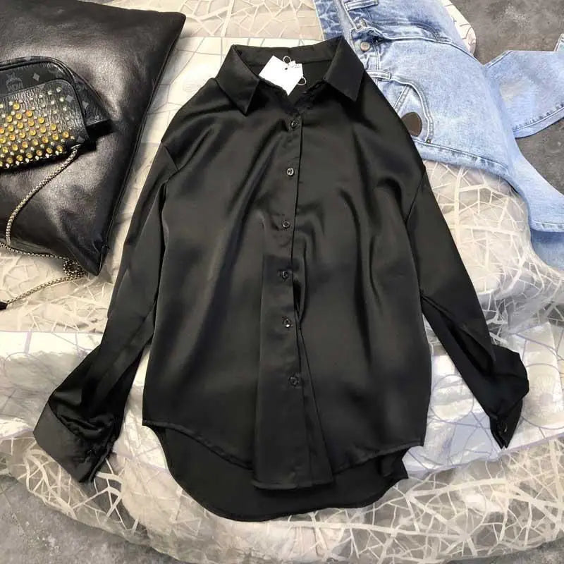 Frauen Frühling Herbst Mode Button Up Satin Seide Hemd Vintage Bluse Frauen Weiß Damen Tops Lange Ärmel Weibliche Lose Straße shirts