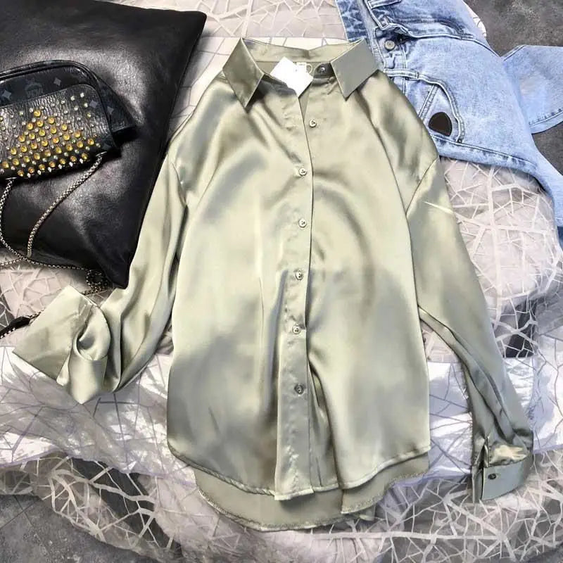 Frauen Frühling Herbst Mode Button Up Satin Seide Hemd Vintage Bluse Frauen Weiß Damen Tops Lange Ärmel Weibliche Lose Straße shirts
