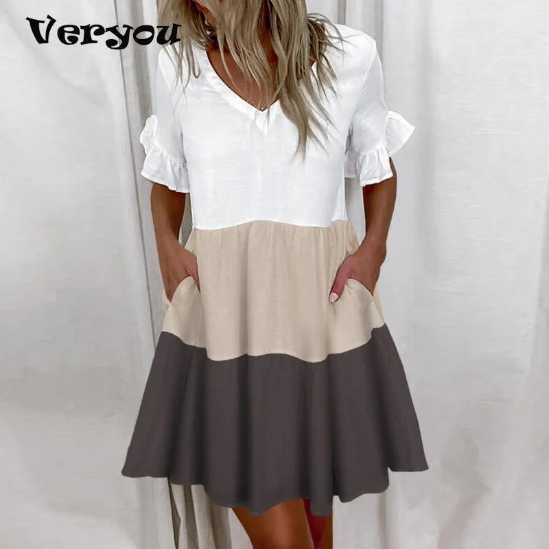 Frauen Casual Rüschen Lose V-ausschnitt Kleid Frauen Sommer Kurzarm Floral Drucken Frau Kleid 2024 Mode Weiß Strand Kleider