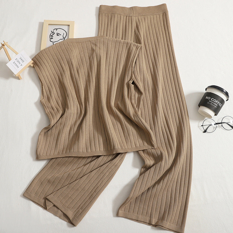 Women Knitted Suit Solid Color Sleeveless Vest with High Waist Wide Leg Pants Two Piece Set