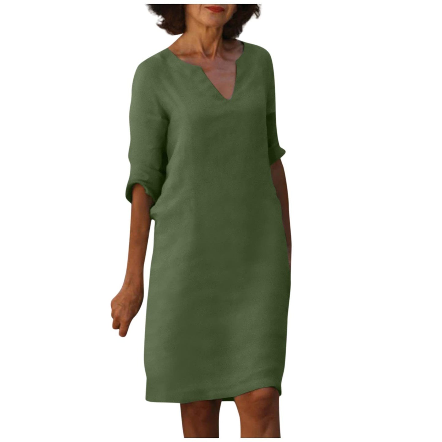 Damen Kleid aus Baumwolle und Leinen mit V-Ausschnitt und hoher Taille, Retro-Stil, reine Farbe, 34 Ärmel