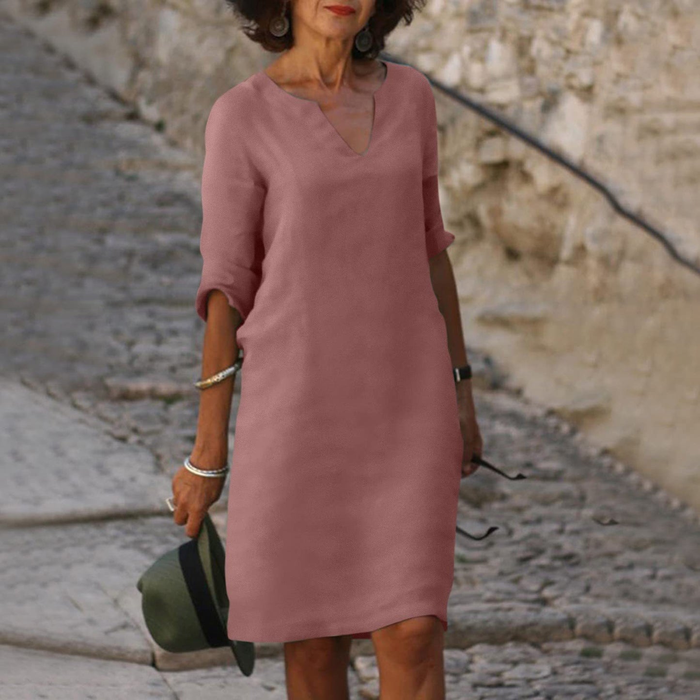 Damen Kleid aus Baumwolle und Leinen mit V-Ausschnitt und hoher Taille, Retro-Stil, reine Farbe, 34 Ärmel
