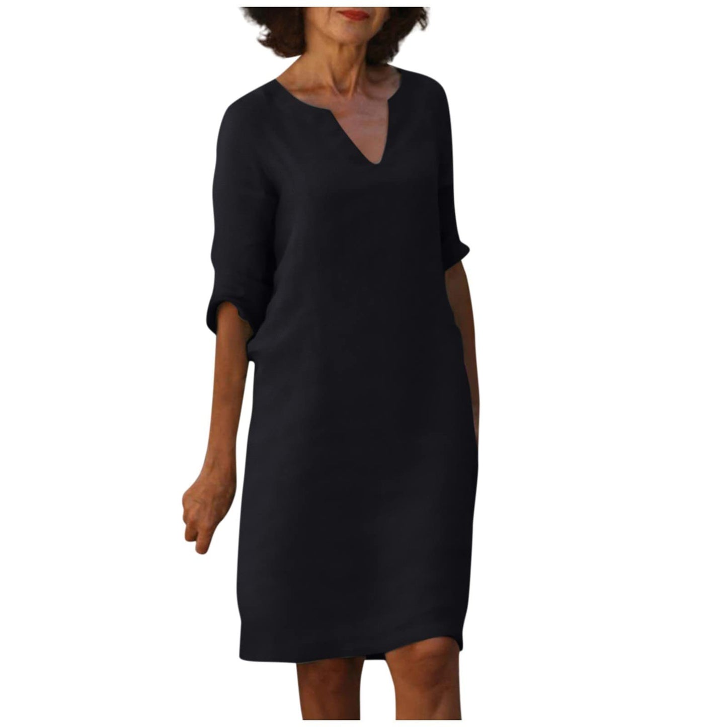 Damen Kleid aus Baumwolle und Leinen mit V-Ausschnitt und hoher Taille, Retro-Stil, reine Farbe, 34 Ärmel