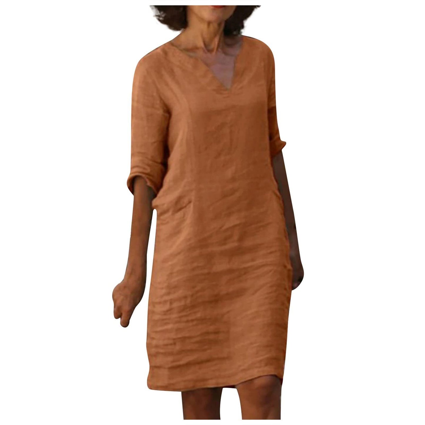 Damen Kleid aus Baumwolle und Leinen mit V-Ausschnitt und hoher Taille, Retro-Stil, reine Farbe, 34 Ärmel