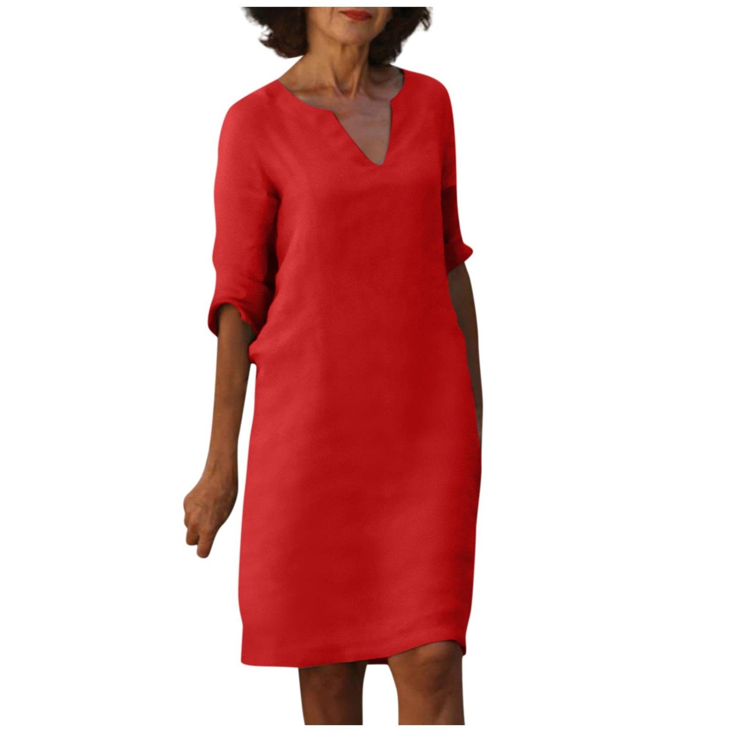 Damen Kleid aus Baumwolle und Leinen mit V-Ausschnitt und hoher Taille, Retro-Stil, reine Farbe, 34 Ärmel