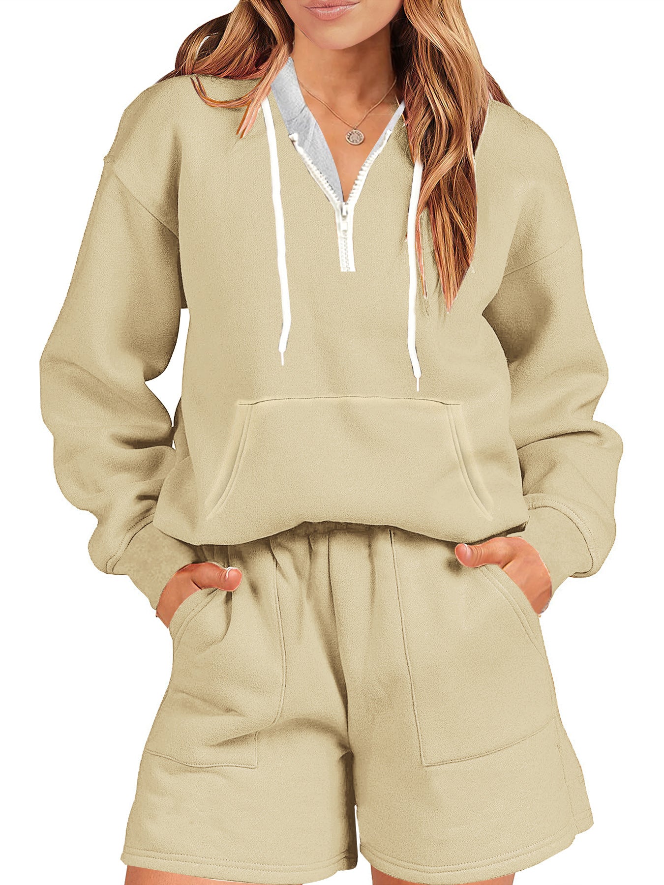 Damen Sport-Stil Fleece und Shorts Anzug zu Hause zweiteiliges Set