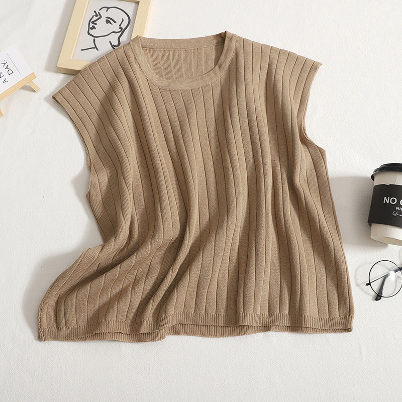 Women Knitted Suit Solid Color Sleeveless Vest with High Waist Wide Leg Pants Two Piece Set