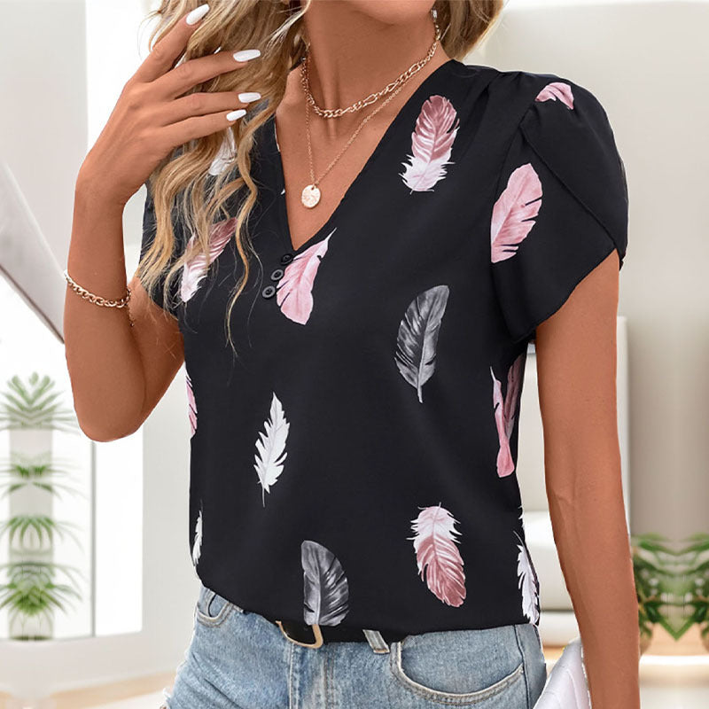 Lässiges V-Ausschnitt Shirt mit Federprint für Damen