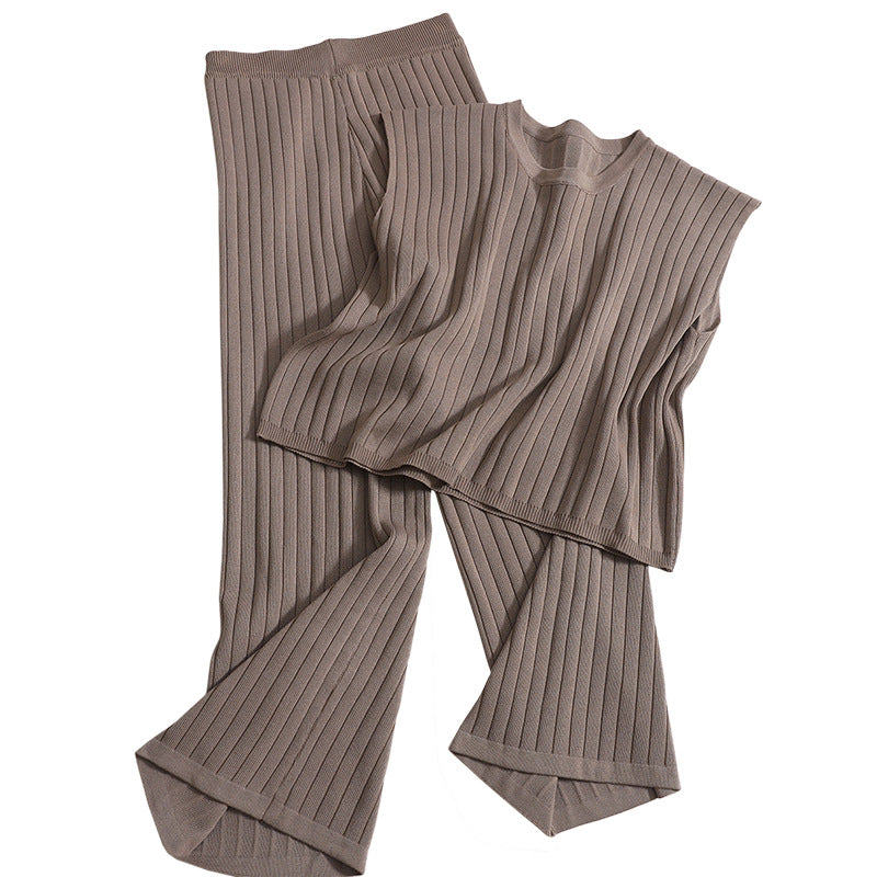 Women Knitted Suit Solid Color Sleeveless Vest with High Waist Wide Leg Pants Two Piece Set