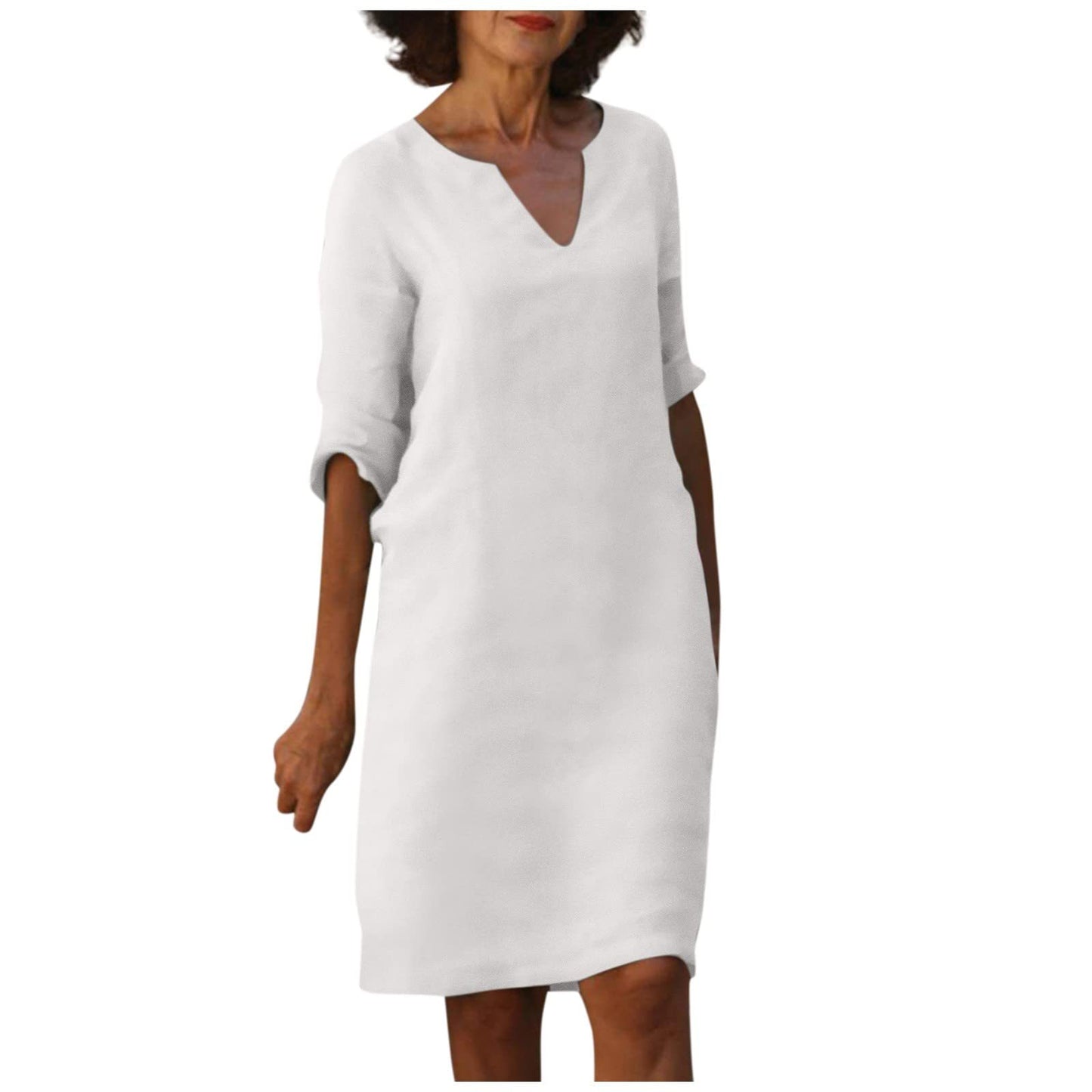 Damen Kleid aus Baumwolle und Leinen mit V-Ausschnitt und hoher Taille, Retro-Stil, reine Farbe, 34 Ärmel