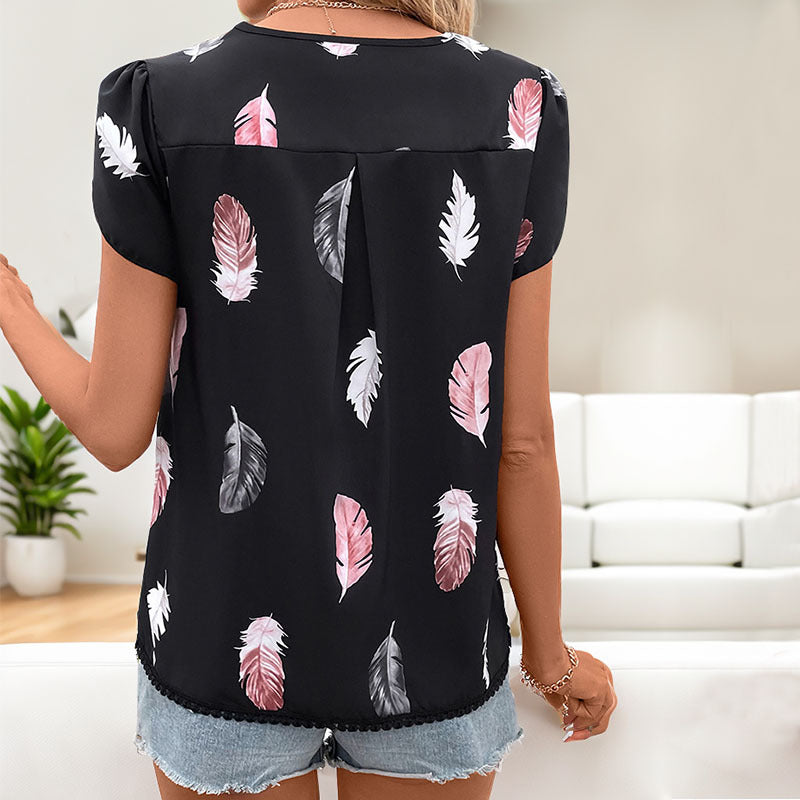Lässiges V-Ausschnitt Shirt mit Federprint für Damen