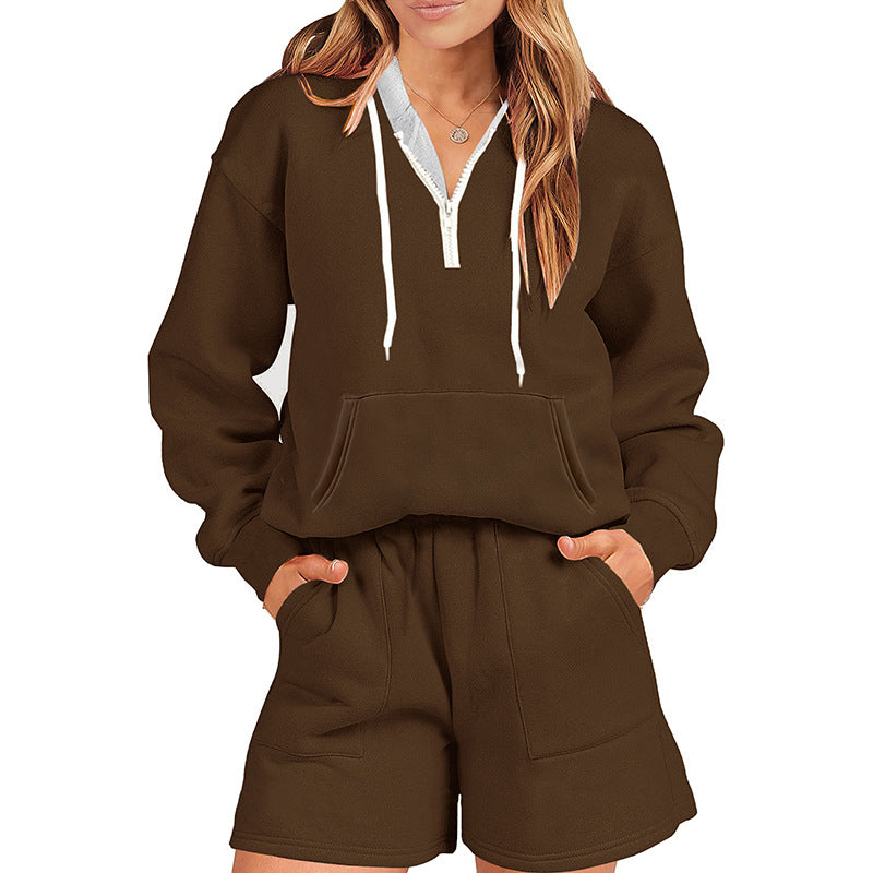Damen Sport-Stil Fleece und Shorts Anzug zu Hause zweiteiliges Set