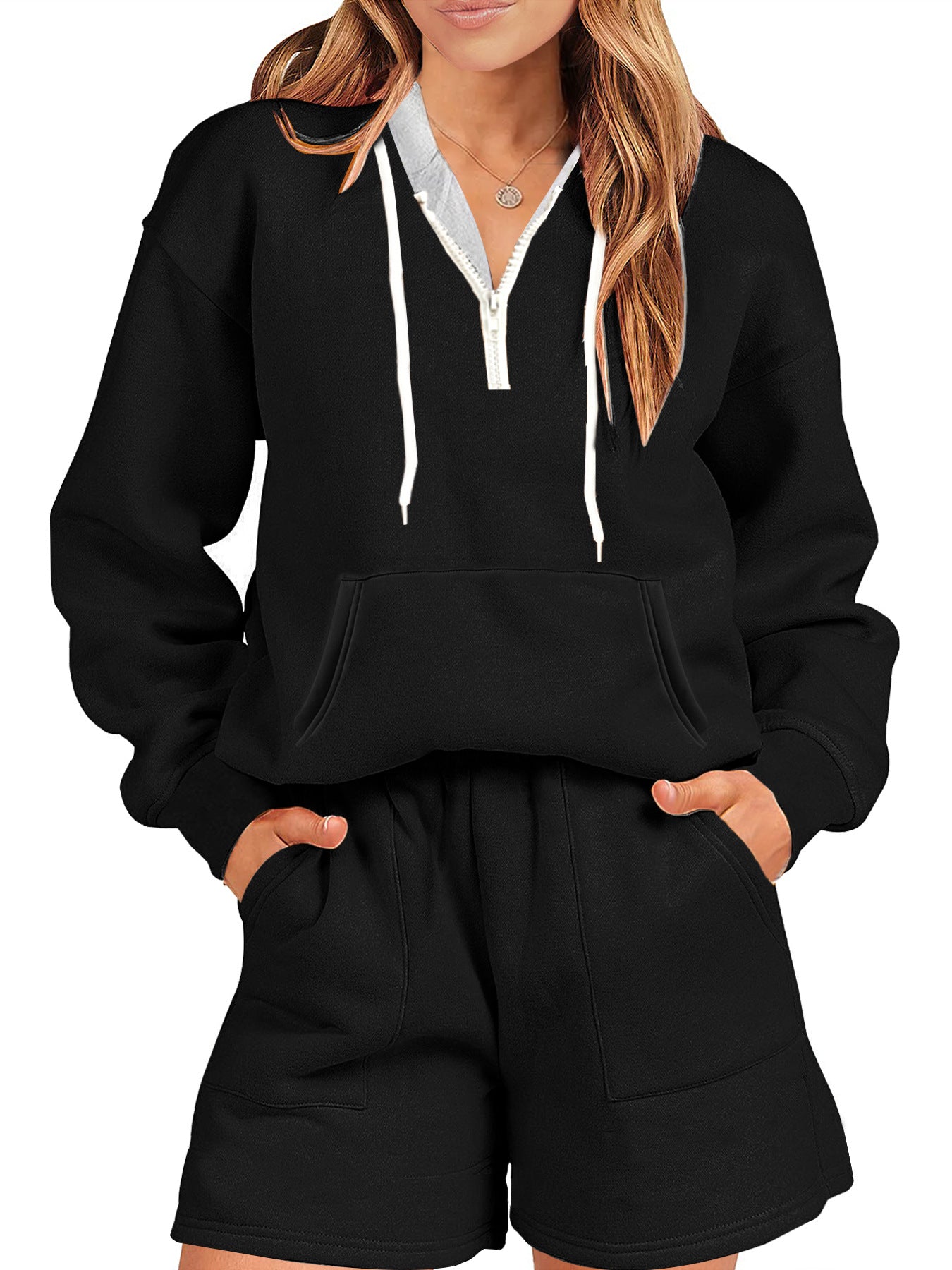 Damen Sport-Stil Fleece und Shorts Anzug zu Hause zweiteiliges Set