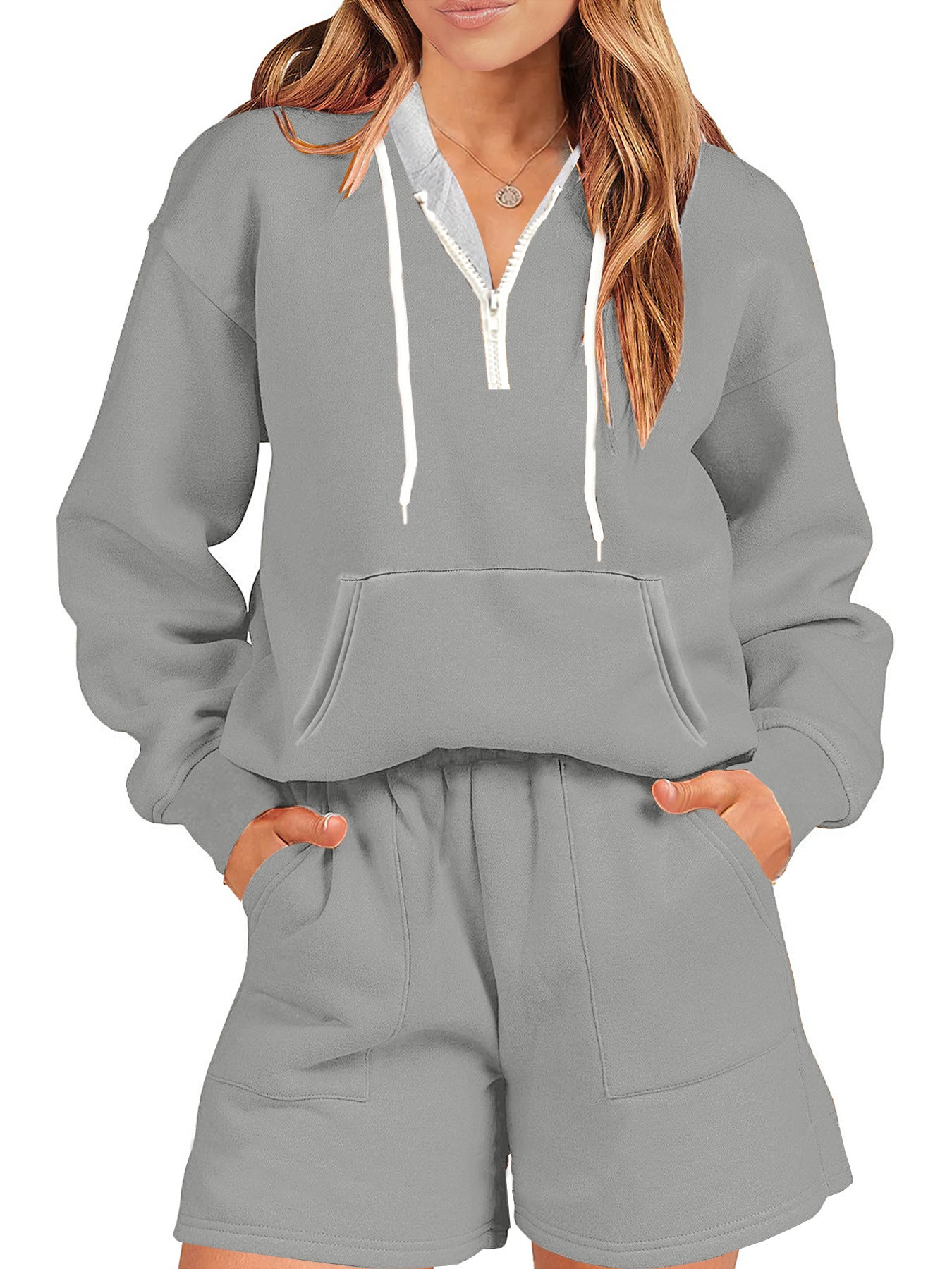 Damen Sport-Stil Fleece und Shorts Anzug zu Hause zweiteiliges Set