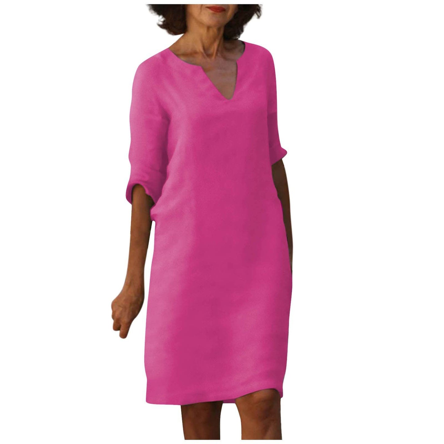 Damen Kleid aus Baumwolle und Leinen mit V-Ausschnitt und hoher Taille, Retro-Stil, reine Farbe, 34 Ärmel